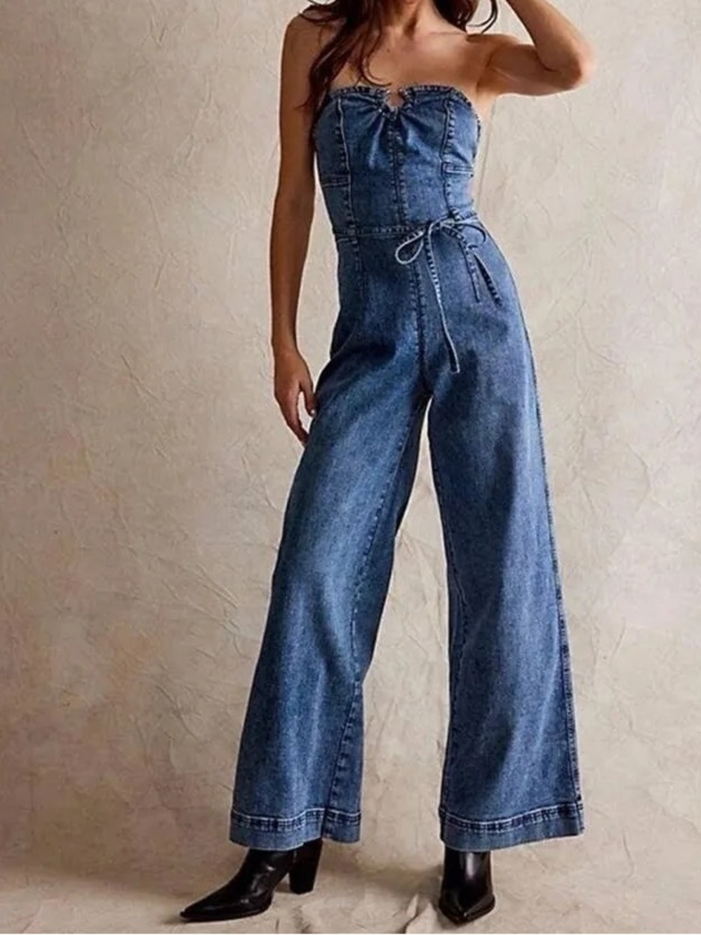 Free People Crvy Femme Fatale Denim One Piece Strapless Wide Leg Jumpsuit